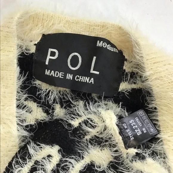 POL Women Elegant Fuzzy Black and Cream Leopard Button Up Cozy Soft Sweater M - Picture 10 of 10